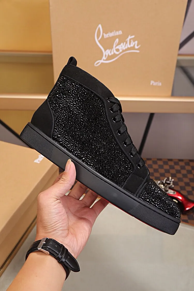 Ex-factory price 480. christian louboutin (CL red sole shoes) counter hot diamond series, high-top casual sneakers for couples 📢 📢 📢 Exclusive hot style release 🎈🎈💪 Movable latex feet 👻 Finished outsole sewing line [satisfied] 😝Female 35-40# Male 38#-46, global supply😝 [Top version]: original imported cowhide upper, top original leather lining, original molded TPU outsole, original 1:1 detail processing, original shoe last, large quantity available from stock,